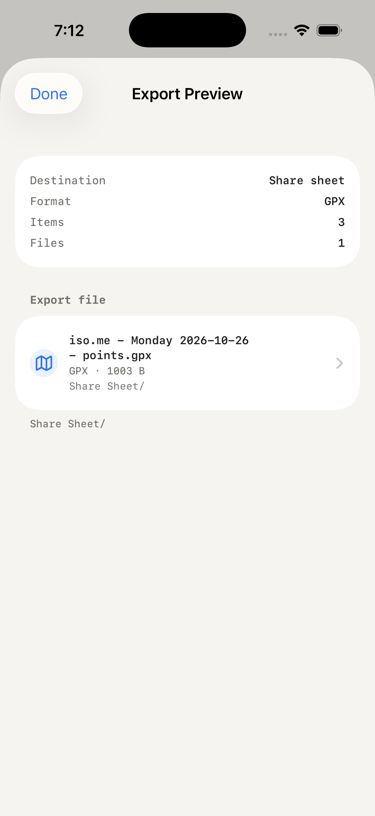 Earlier iso.me (now Whereday) Export Preview in the isolated simulator showing GPX, three items, one file, and a planned size of 1003 bytes
