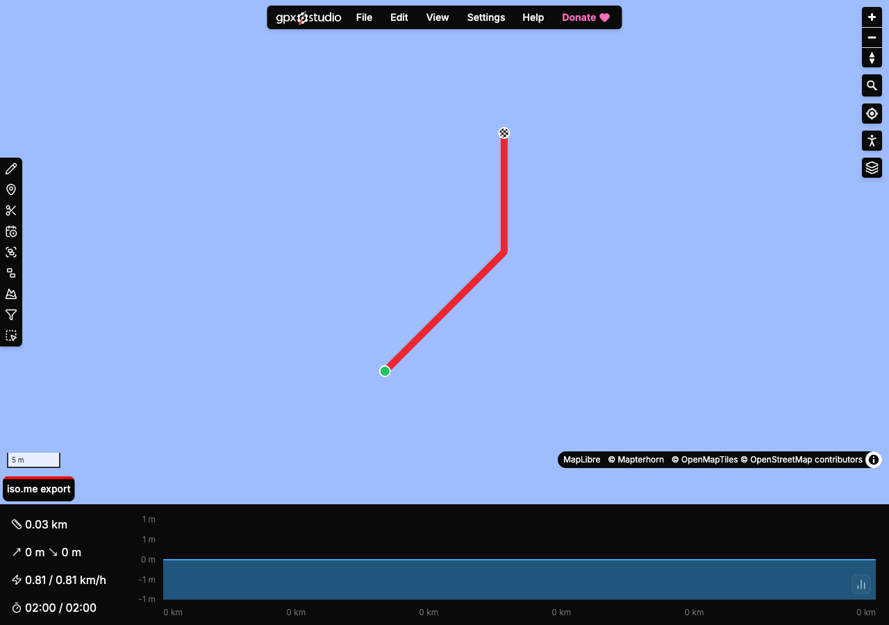 gpx.studio showing the angled synthetic track saved from Whereday, with 0.03 km distance and 02:00 moving and total time