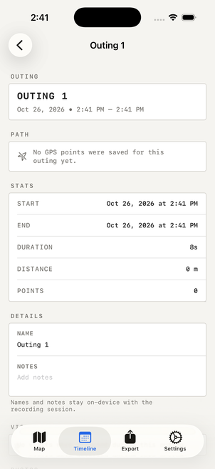Whereday outing detail with an eight-second duration, zero distance, zero points, and the message that no GPS points were saved