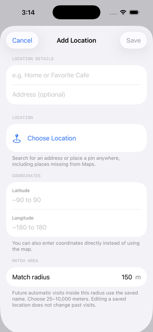 Whereday Add Location editor with name, optional address, direct latitude and longitude fields, and a default 150 metre match radius