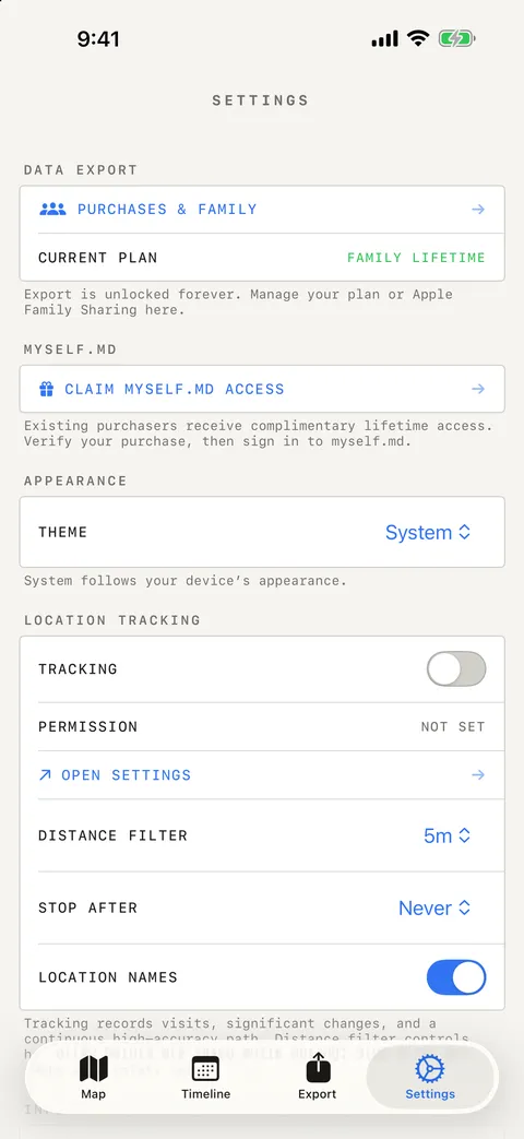 iso.me settings screen with tracking controls